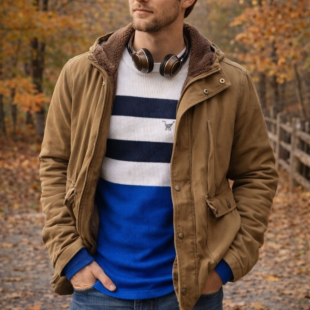 American Eagle Blue White Stripe Waffle Knit Thermal Shirt M Fall 2009 2010s Fas